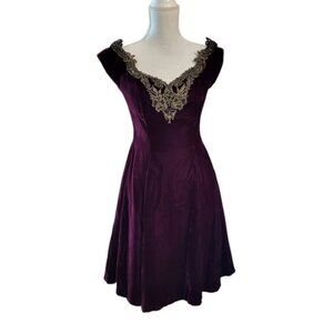 Vtg 80s 90s Opening Night Purple Maroon Velvet Gold Lace Cocktail Dress Size 7